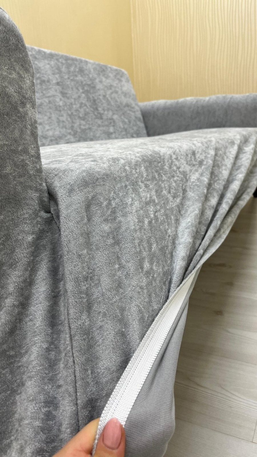 Baby Face Kumaş Giydirme Koltuk Örtüsü - Lastikli Kadife Koltuk Koruyucu Açık Gri Renk 1+1 (2 Parça Set)