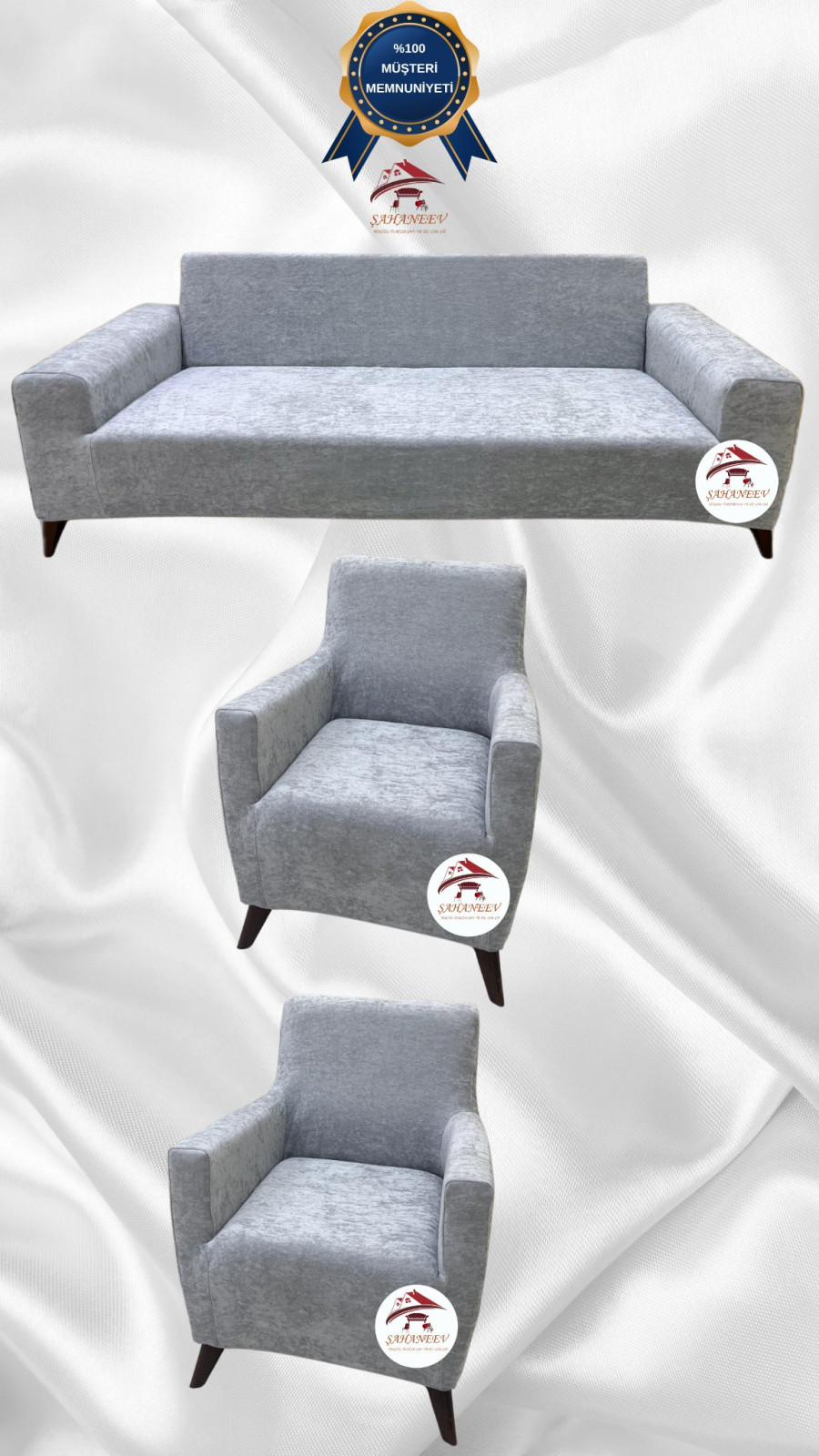 Baby Face Kumaş Giydirme Koltuk Örtüsü - Lastikli Kadife Koltuk Koruyucu Açık Gri Renk 3+1+1 (3 Parça Set) Özel Ölçü