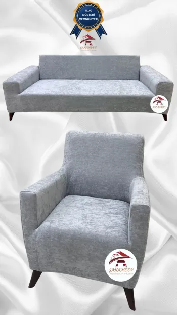 Baby Face Kumaş Giydirme Koltuk Örtüsü - Lastikli Kadife Koltuk Koruyucu Açık Gri Renk 3+1 (2 Parça Set) Özel Ölçü