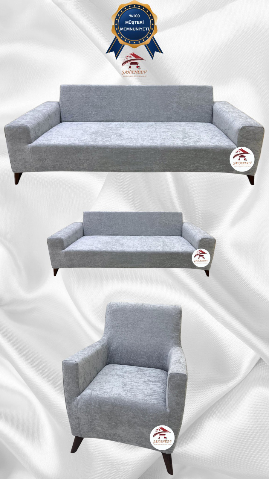 Baby Face Kumaş Giydirme Koltuk Örtüsü - Lastikli Kadife Koltuk Koruyucu Açık Gri Renk 3+2+1 (3 Parça Set)