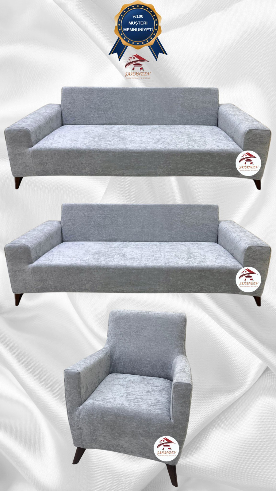 Baby Face Kumaş Giydirme Koltuk Örtüsü - Lastikli Kadife Koltuk Koruyucu Açık Gri Renk 3+3+1 (3 Parça Set) Özel Ölçü