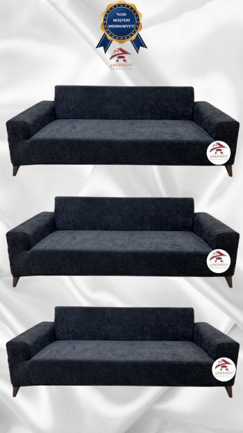 Baby Face Kumaş Giydirme Koltuk Örtüsü - Lastikli Kadife Koltuk Koruyucu Antrasit Renk 3+3+3 (3 Parça Set)