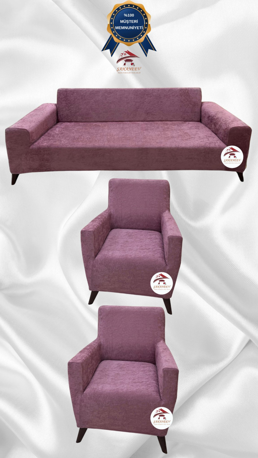 Baby Face Kumaş Giydirme Koltuk Örtüsü - Lastikli Kadife Koltuk Koruyucu Gülkurusu Renk 3+1+1 (3 Parça Set) Özel Ölçü