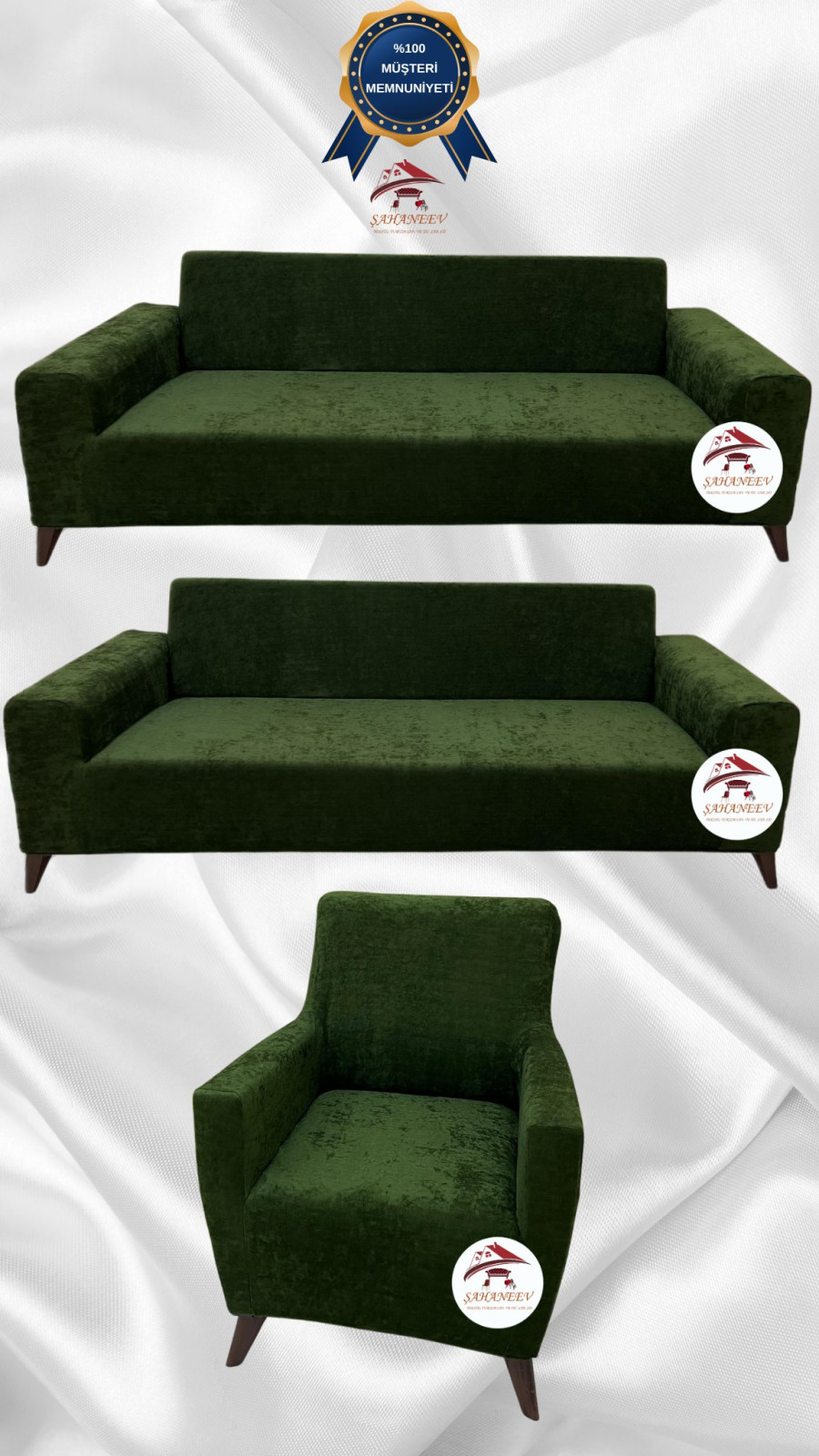 Baby Face Kumaş Giydirme Koltuk Örtüsü - Lastikli Kadife Koltuk Koruyucu Haki Yeşili Renk 3+3+1 (3 Parça Set)