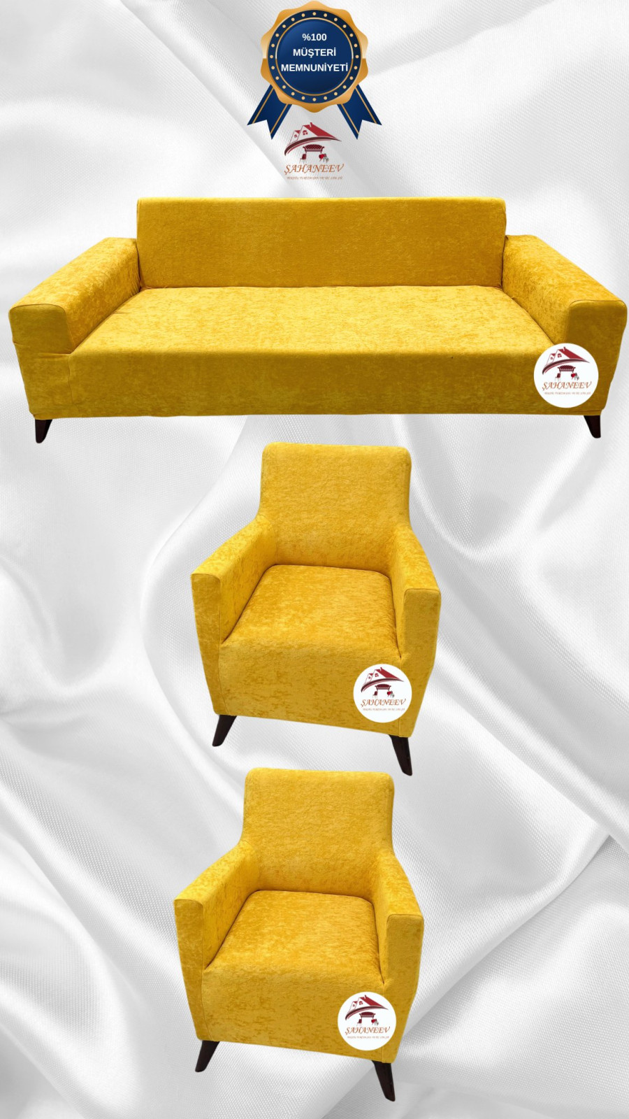 Baby Face Kumaş Giydirme Koltuk Örtüsü - Lastikli Kadife Koltuk Koruyucu Hardal Renk 3+1+1 (3 Parça Set)