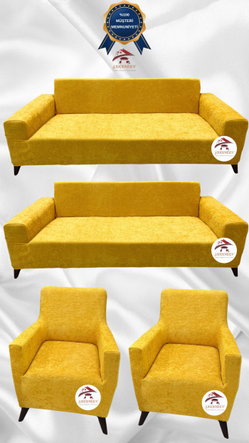 Baby Face Kumaş Giydirme Koltuk Örtüsü - Lastikli Kadife Koltuk Koruyucu Hardal Renk 3+3+1+1 (4 Parça Set)