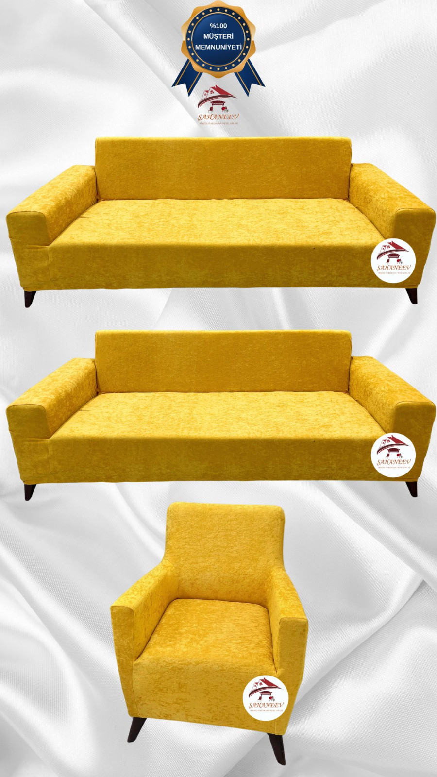 Baby Face Kumaş Giydirme Koltuk Örtüsü - Lastikli Kadife Koltuk Koruyucu Hardal Renk 3+3+1 (3 Parça Set)