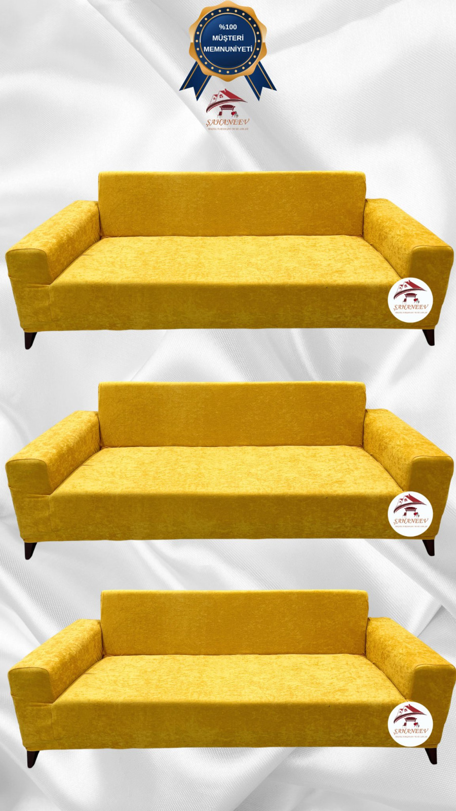 Baby Face Fabric Slip-On Sofa Cover - Elastic Velvet Furniture Protector Mustard Color 3+3+3 (3 Piece Set)