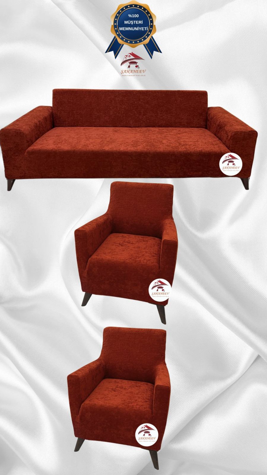 Baby Face Kumaş Giydirme Koltuk Örtüsü - Lastikli Kadife Koltuk Koruyucu Kiremit Renk 3+1+1 (3 Parça Set)