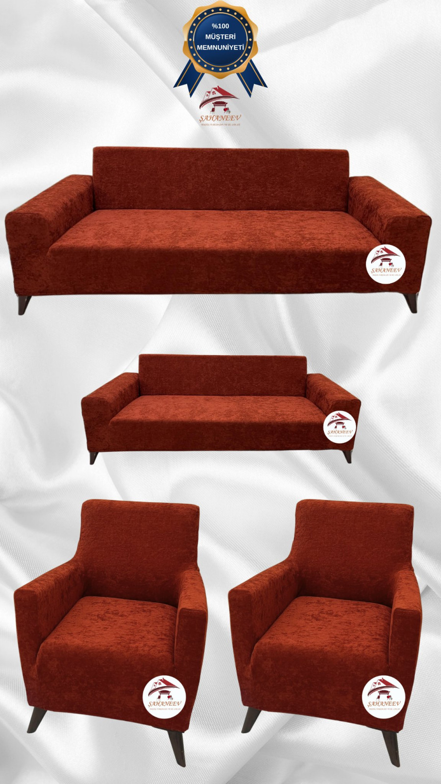 Baby Face Kumaş Giydirme Koltuk Örtüsü - Lastikli Kadife Koltuk Koruyucu Kiremit Renk 3+2+1+1 (4 Parça Set) Özel Ölçü