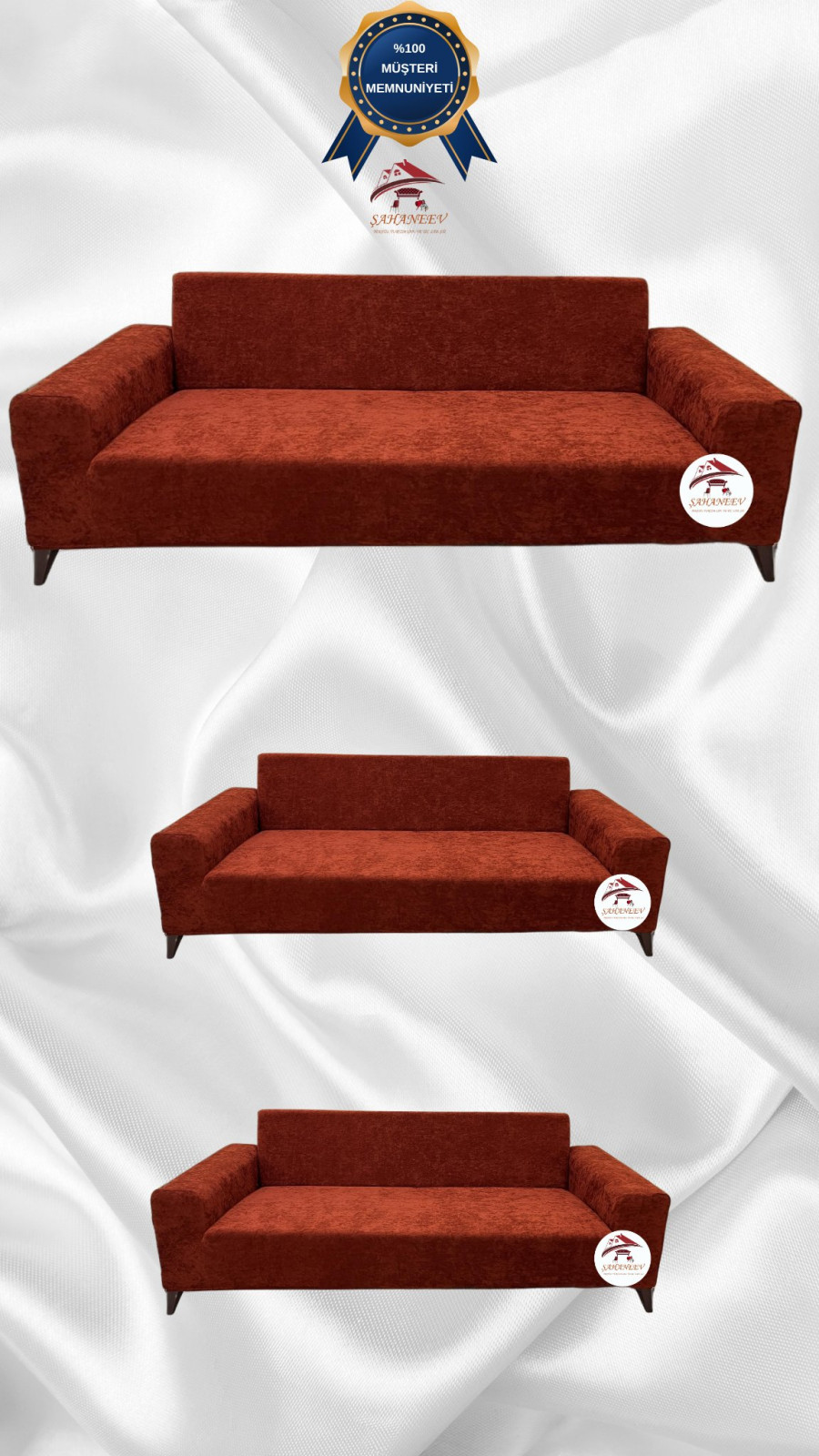 Baby Face Kumaş Giydirme Koltuk Örtüsü - Lastikli Kadife Koltuk Koruyucu Kiremit Renk 3+2+2 (3 Parça Set)