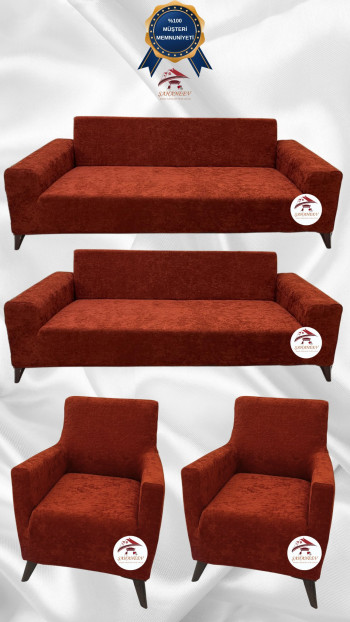 Baby Face Kumaş Giydirme Koltuk Örtüsü - Lastikli Kadife Koltuk Koruyucu Kiremit Renk 3+3+1+1 (4 Parça Set)