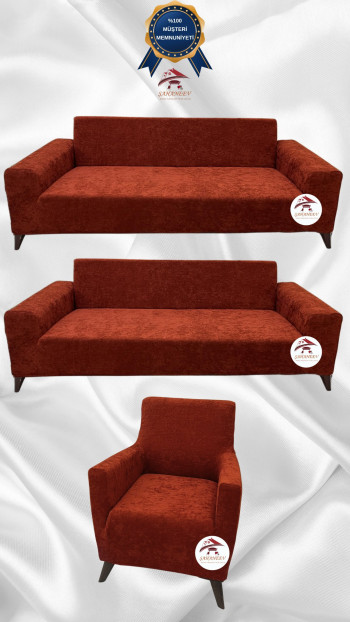 Baby Face Kumaş Giydirme Koltuk Örtüsü - Lastikli Kadife Koltuk Koruyucu Kiremit Renk 3+3+1 (3 Parça Set)