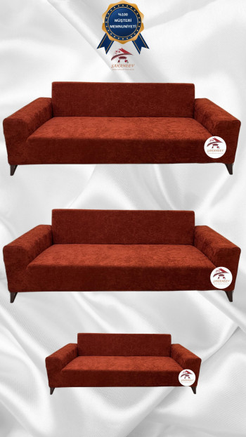 Baby Face Kumaş Giydirme Koltuk Örtüsü - Lastikli Kadife Koltuk Koruyucu Kiremit Renk 3+3+2 (3 Parça Set)