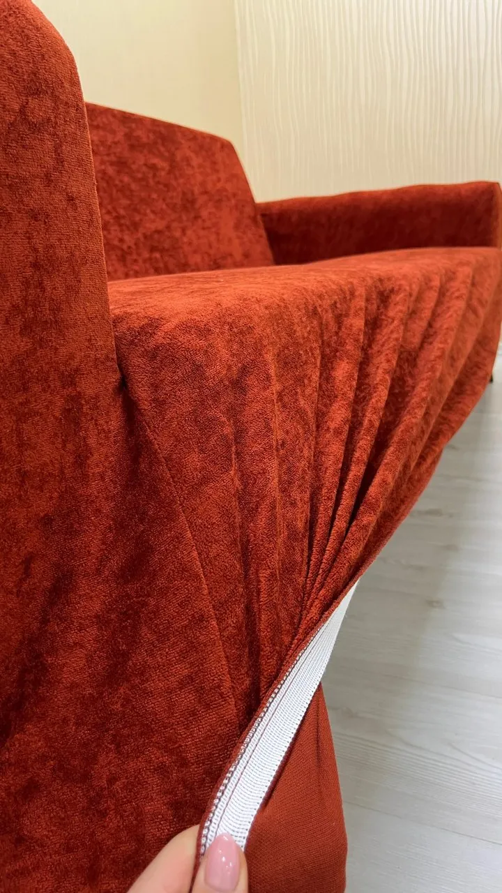 Baby Face Fabric Slip-On Sofa Cover - Elastic Velvet Furniture Protector Brick Color 3+3+3 (3 Piece Set)