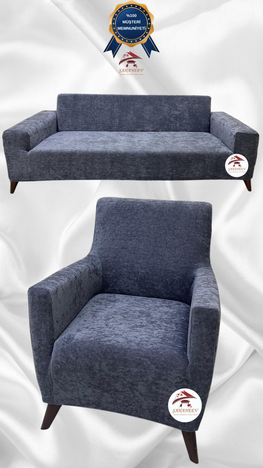 Baby Face Kumaş Giydirme Koltuk Örtüsü - Lastikli Kadife Koltuk Koruyucu Koyu Gri Renk 3+1 (2 Parça Set) Özel Ölçü