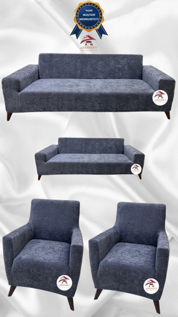 Baby Face Kumaş Giydirme Koltuk Örtüsü - Lastikli Kadife Koltuk Koruyucu Koyu Gri Renk 3+2+1+1 (4 Parça Set)