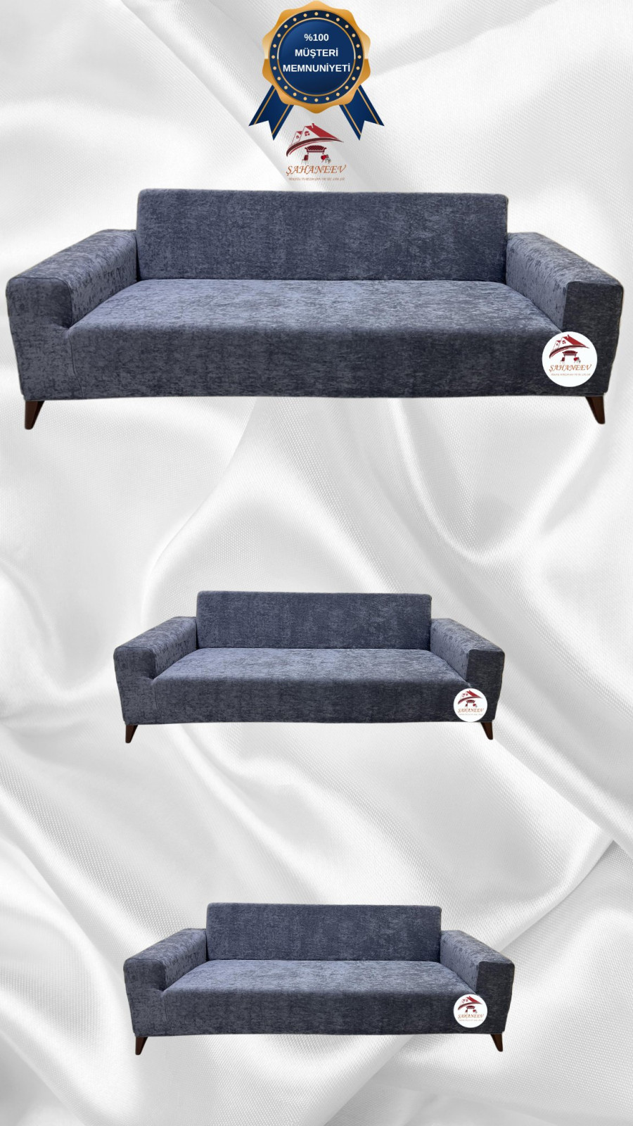 Baby Face Kumaş Giydirme Koltuk Örtüsü - Lastikli Kadife Koltuk Koruyucu Koyu Gri Renk 3+2+2 (3 Parça Set) Özel Ölçü