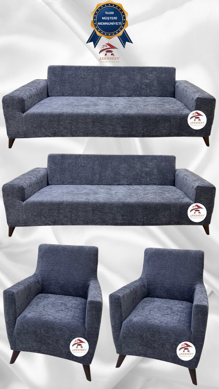 Baby Face Kumaş Giydirme Koltuk Örtüsü - Lastikli Kadife Koltuk Koruyucu Koyu Gri Renk 3+3+1+1 (4 Parça Set) Özel Ölçü