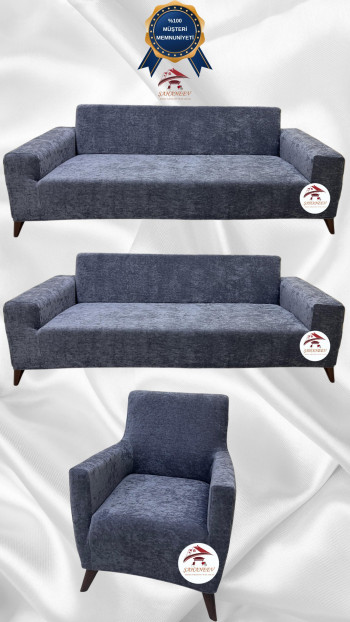 Baby Face Kumaş Giydirme Koltuk Örtüsü - Lastikli Kadife Koltuk Koruyucu Koyu Gri Renk 3+3+1 (3 Parça Set)