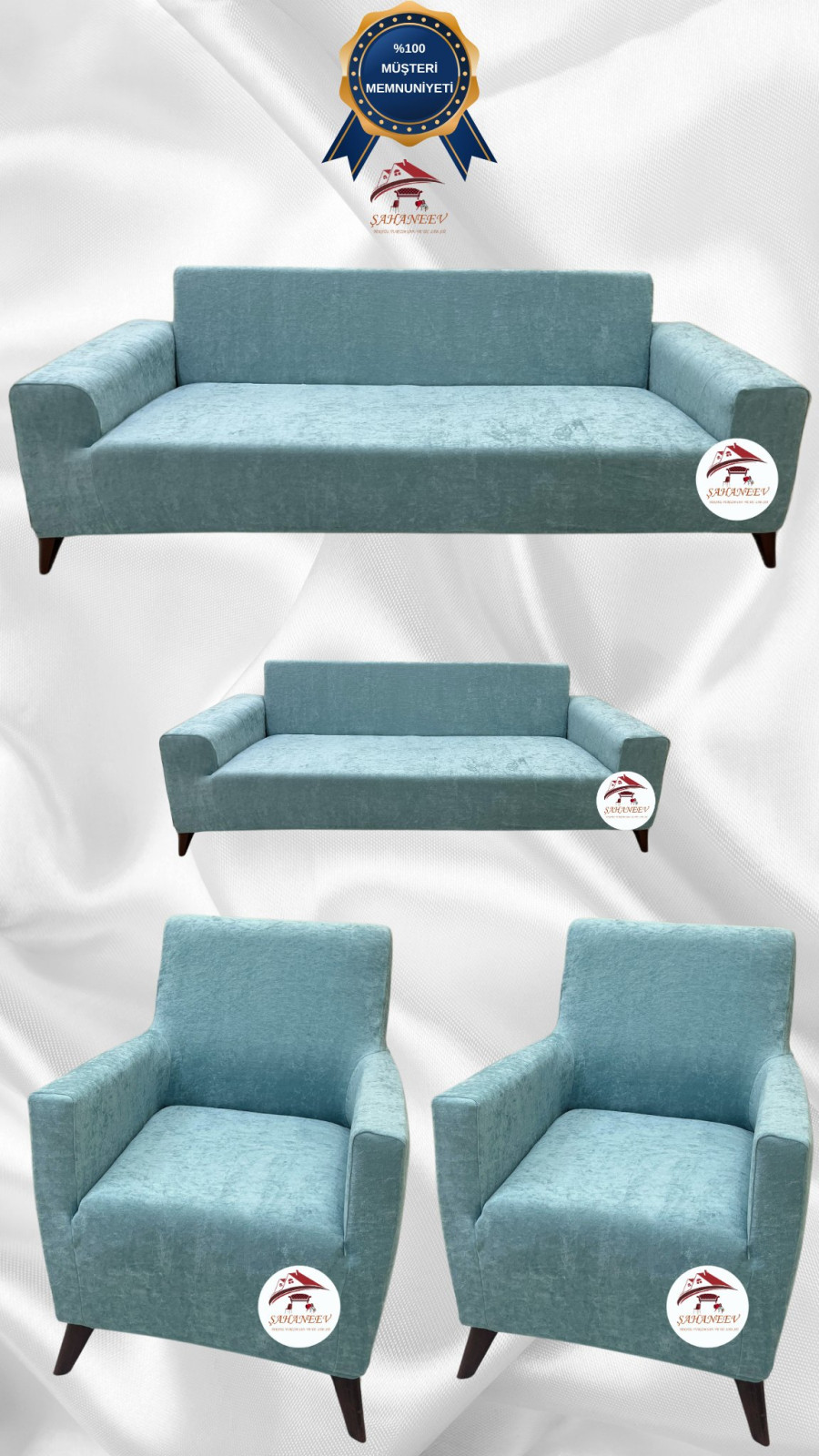 Baby Face Kumaş Giydirme Koltuk Örtüsü - Lastikli Kadife Koltuk Koruyucu Mint Renk 3+2+1+1 (4 Parça Set) Özel Ölçü