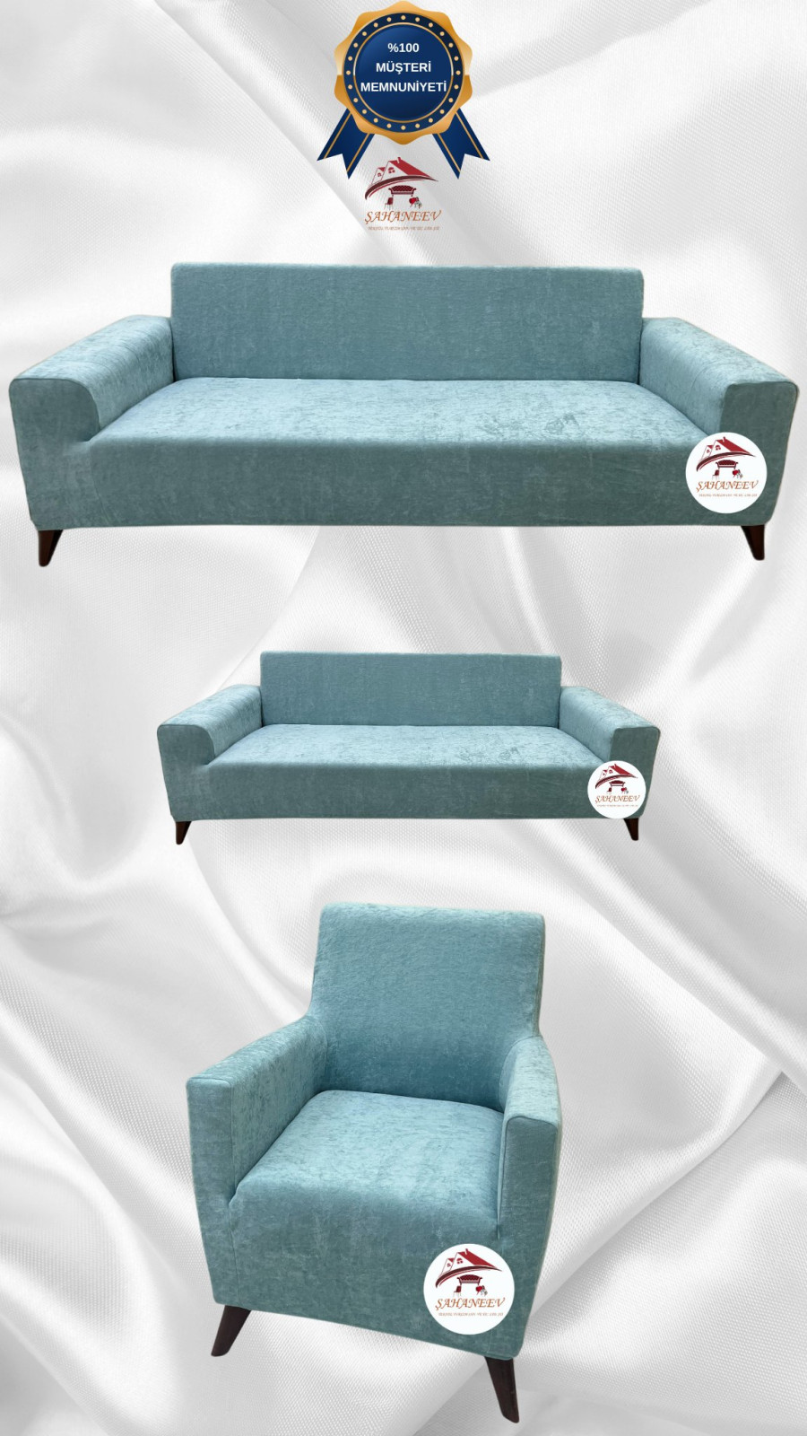 Baby Face Kumaş Giydirme Koltuk Örtüsü - Lastikli Kadife Koltuk Koruyucu Mint Renk 3+2+1 (3 Parça Set)