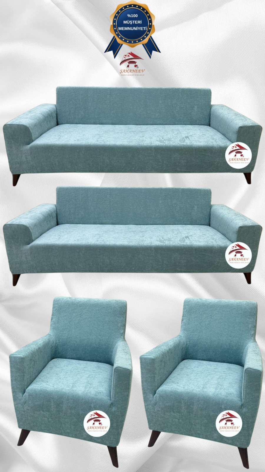 Baby Face Kumaş Giydirme Koltuk Örtüsü - Lastikli Kadife Koltuk Koruyucu Mint Renk 3+3+1+1 (4 Parça Set)