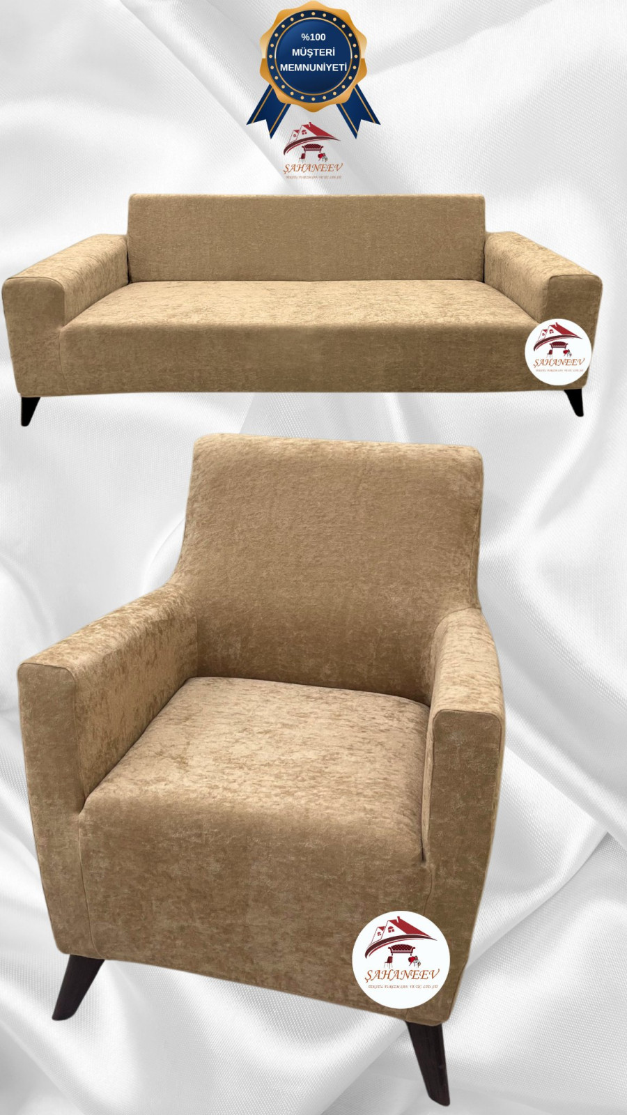 Baby Face Kumaş Giydirme Koltuk Örtüsü - Lastikli Kadife Koltuk Koruyucu Sütlü Kahve Renk 3+1 (2 Parça Set) Özel Ölçü