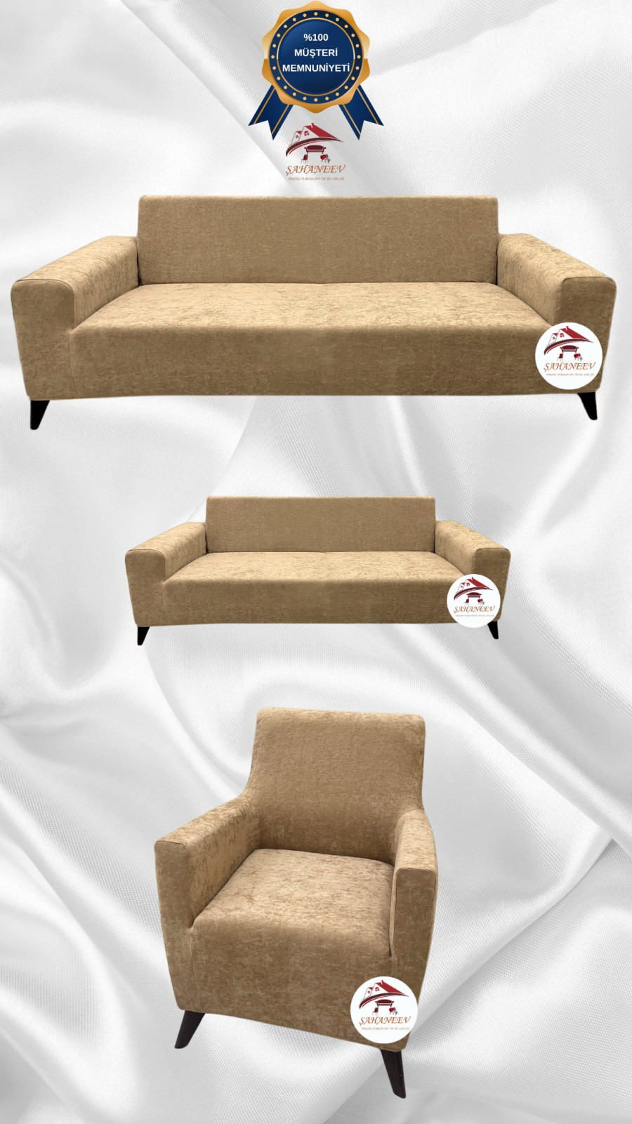 Baby Face Kumaş Giydirme Koltuk Örtüsü - Lastikli Kadife Koltuk Koruyucu Sütlü Kahve Renk 3+2+1 (3 Parça Set)