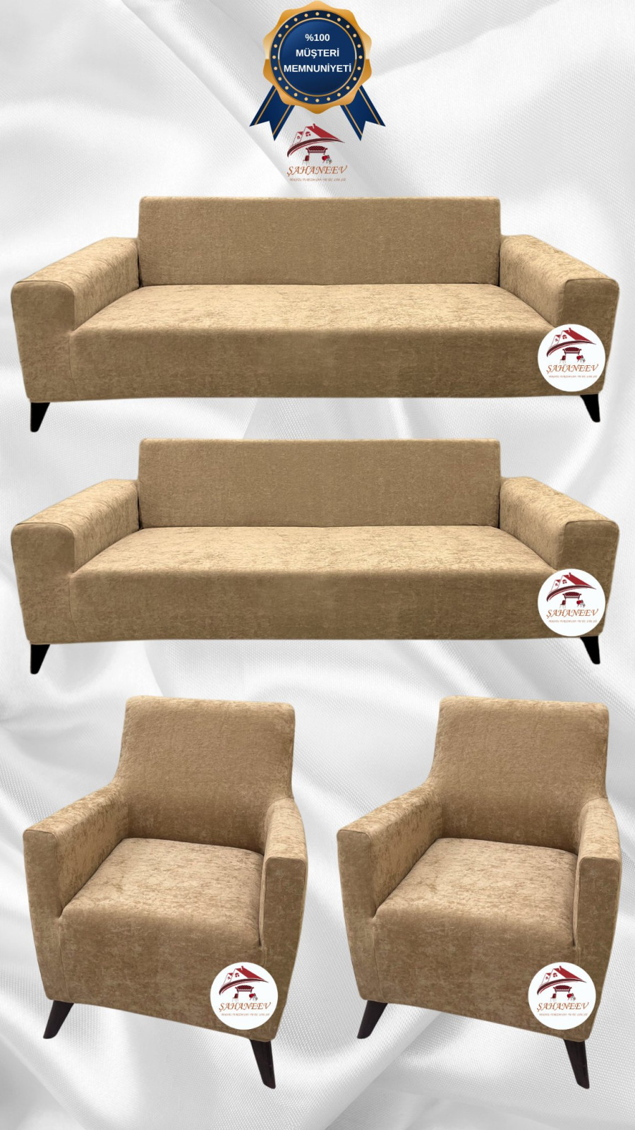 Baby Face Kumaş Giydirme Koltuk Örtüsü - Lastikli Kadife Koltuk Koruyucu Sütlü Kahve Renk 3+3+1+1 (4 Parça Set) Özel Ölçü