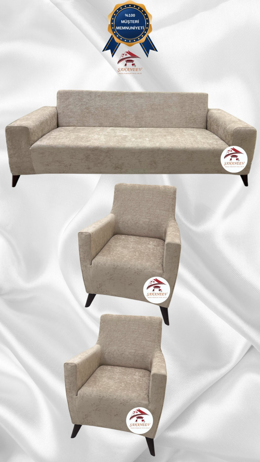 Baby Face Kumaş Giydirme Koltuk Örtüsü - Lastikli Kadife Koltuk Koruyucu Vizon Renk 3+1+1 (3 Parça Set) Özel Ölçü