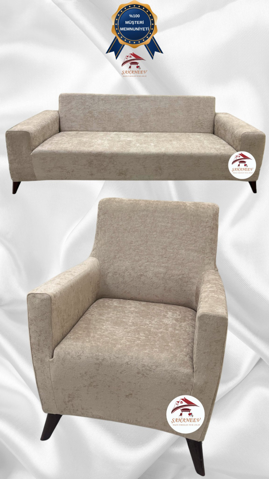 Baby Face Kumaş Giydirme Koltuk Örtüsü - Lastikli Kadife Koltuk Koruyucu Vizon Renk 3+1 (2 Parça Set)