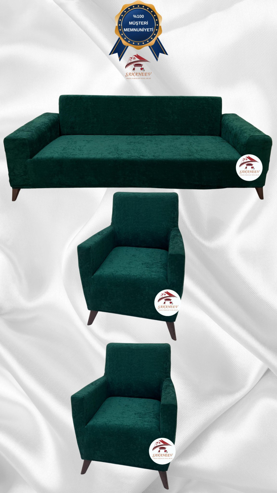 Baby Face Kumaş Giydirme Koltuk Örtüsü - Lastikli Kadife Koltuk Koruyucu Zümrüt Yeşili Renk 3+1+1 (3 Parça Set) Özel Ölçü