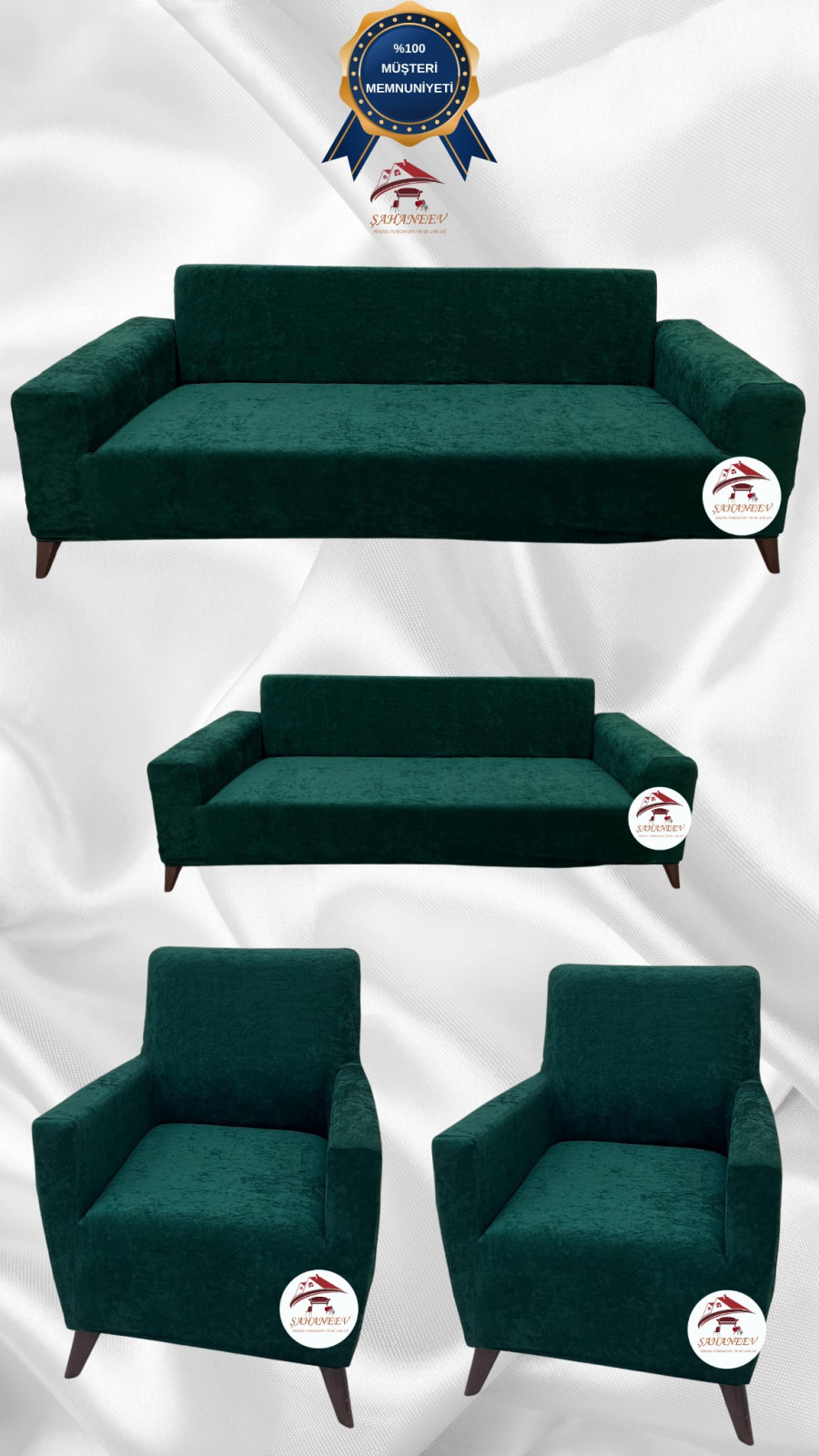 Baby Face Kumaş Giydirme Koltuk Örtüsü - Lastikli Kadife Koltuk Koruyucu Zümrüt Yeşili Renk 3+2+1+1 (4 Parça Set) Özel Ölçü