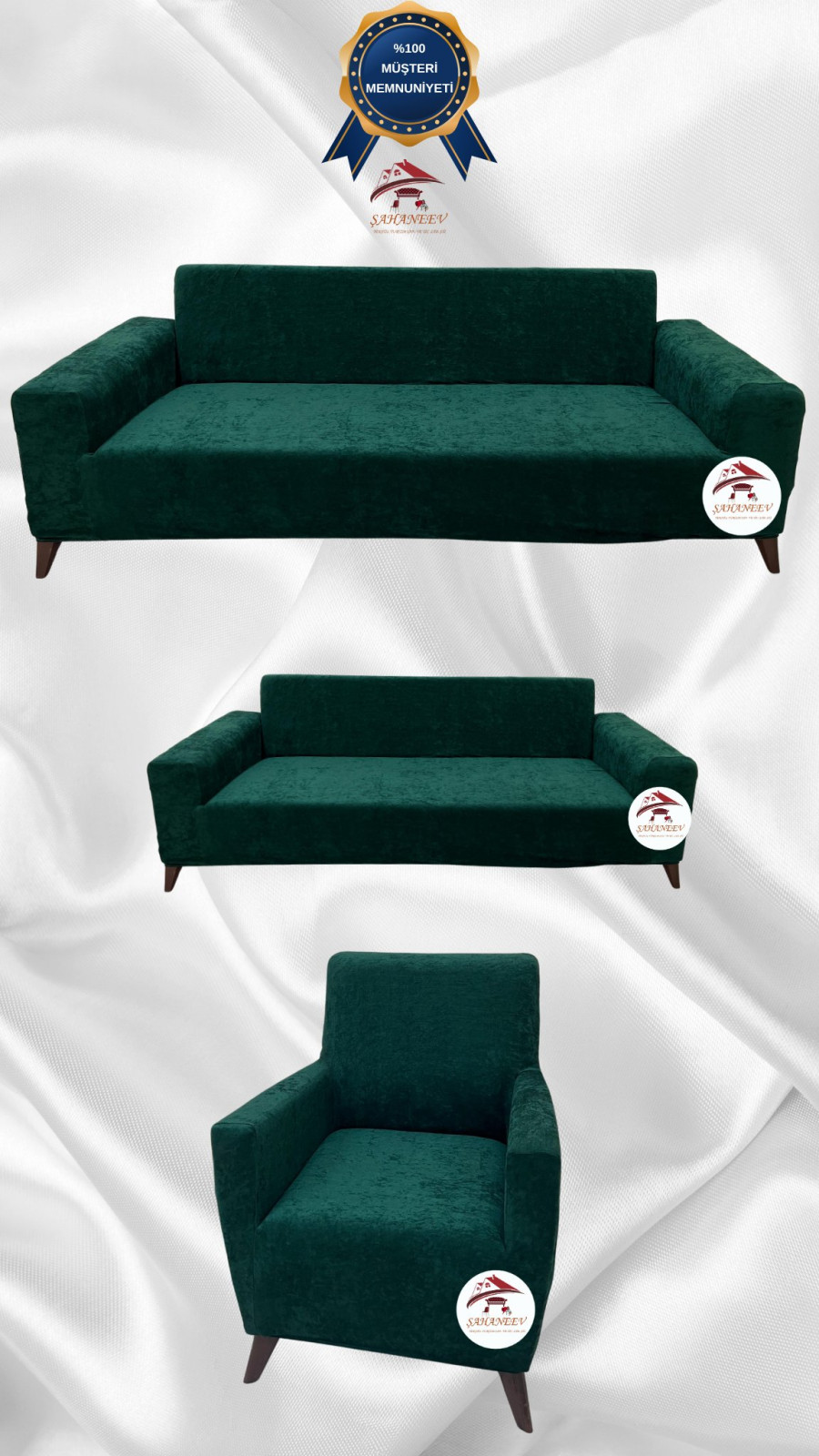 Baby Face Kumaş Giydirme Koltuk Örtüsü - Lastikli Kadife Koltuk Koruyucu Zümrüt Yeşili Renk 3+2+1 (3 Parça Set) Özel Ölçü