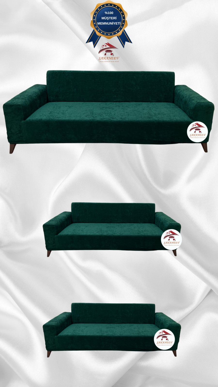 Baby Face Kumaş Giydirme Koltuk Örtüsü - Lastikli Kadife Koltuk Koruyucu Zümrüt Yeşili Renk 3+2+2 (3 Parça Set) Özel Ölçü