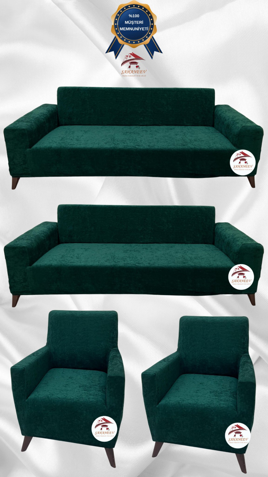 Baby Face Kumaş Giydirme Koltuk Örtüsü - Lastikli Kadife Koltuk Koruyucu Zümrüt Yeşili Renk 3+3+1+1 (4 Parça Set) Özel Ölçü