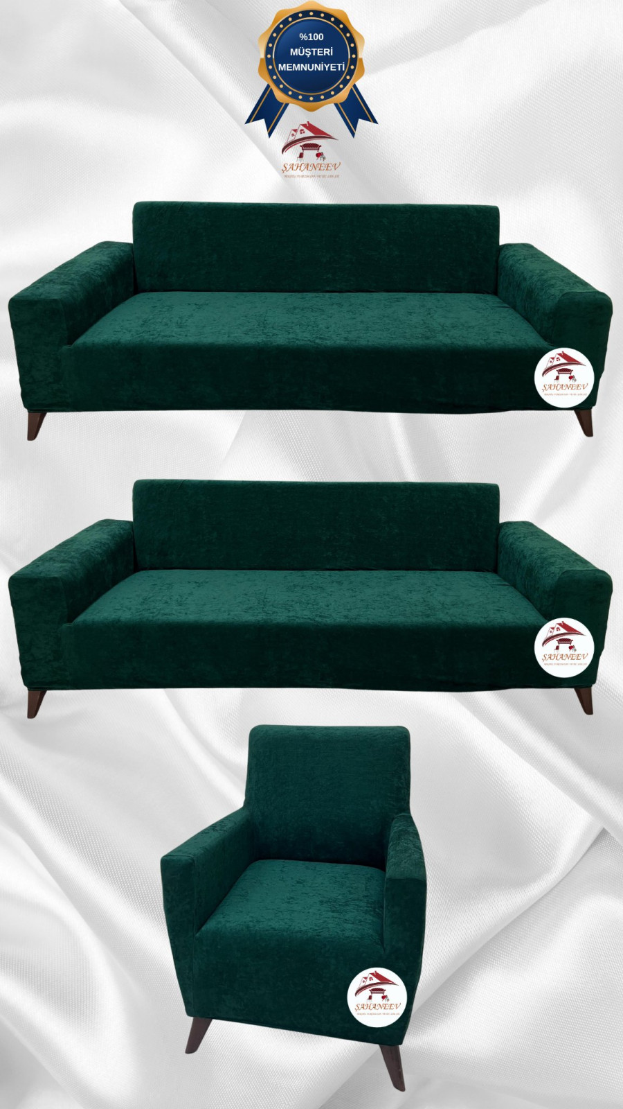 Baby Face Kumaş Giydirme Koltuk Örtüsü - Lastikli Kadife Koltuk Koruyucu Zümrüt Yeşili Renk 3+3+1 (3 Parça Set) Özel Ölçü