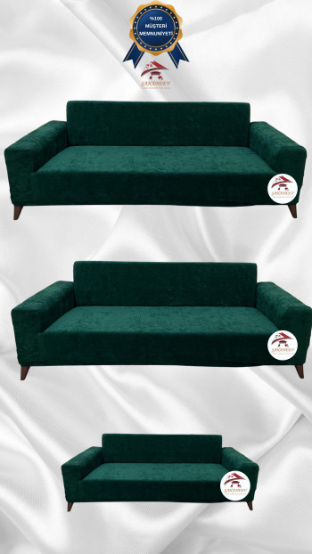 Baby Face Kumaş Giydirme Koltuk Örtüsü - Lastikli Kadife Koltuk Koruyucu Zümrüt Yeşili Renk 3+3+2 (3 Parça Set)