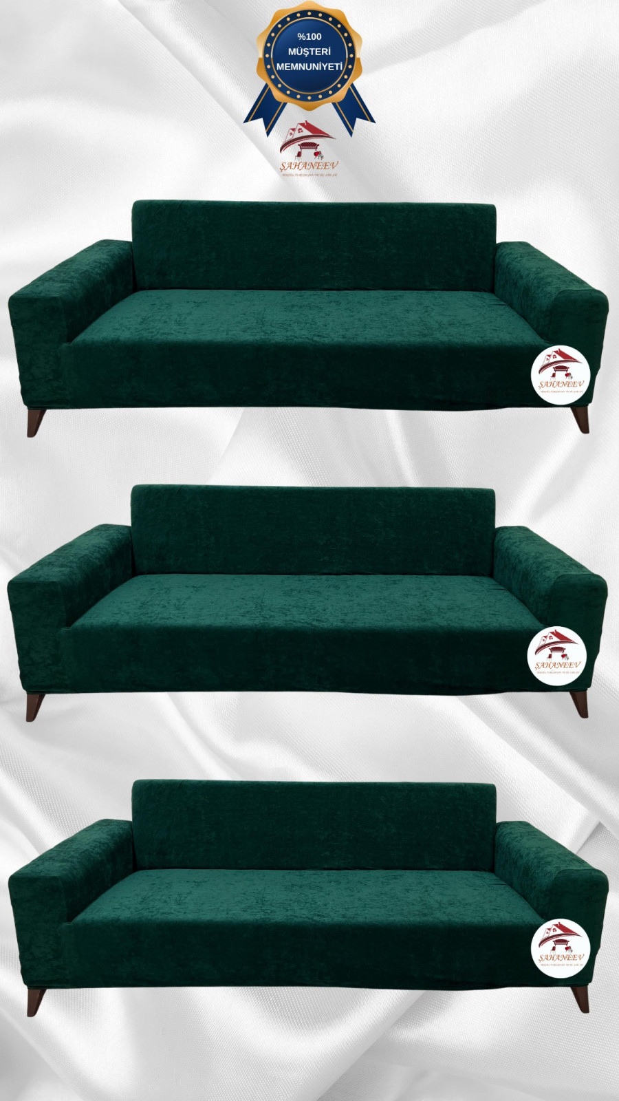 Baby Face Fabric Slip-On Sofa Cover - Elastic Velvet Furniture Protector Emerald Color 3+3+3 (3 Piece Set)