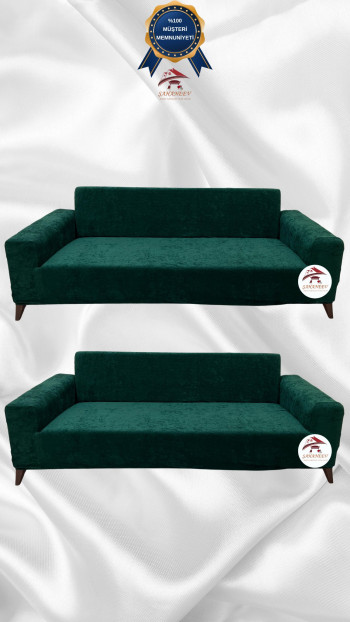 Baby Face Kumaş Giydirme Koltuk Örtüsü - Lastikli Kadife Koltuk Koruyucu Zümrüt Yeşili Renk 3+3 (2 Parça Set)