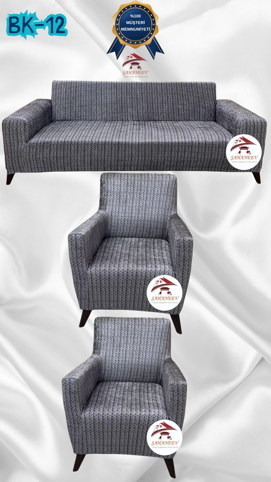 Desenli Baskılı Kadife Giydirme Koltuk Kılıfı - Elastik Esnek Koltuk Takımı Koruyucu Set Model BK-12 Renk 3+1+1 (3 Parça Set)