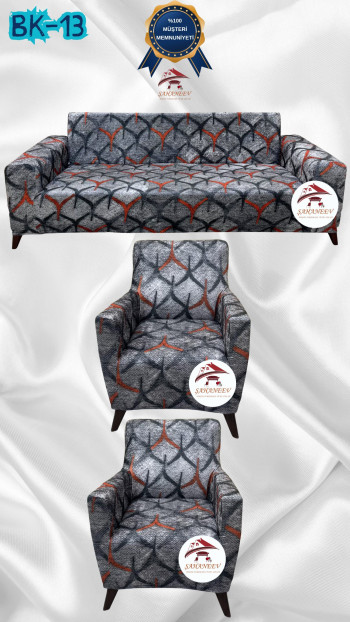 Desenli Baskılı Kadife Giydirme Koltuk Kılıfı - Elastik Esnek Koltuk Takımı Koruyucu Set Model BK-13 Renk 3+1+1 (3 Parça Set)