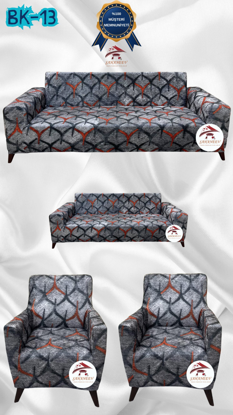 Desenli Baskılı Kadife Giydirme Koltuk Kılıfı - Elastik Esnek Koltuk Takımı Koruyucu Set Model BK-13 Renk 3+2+1+1 (4 Parça Set) Özel Ölçü