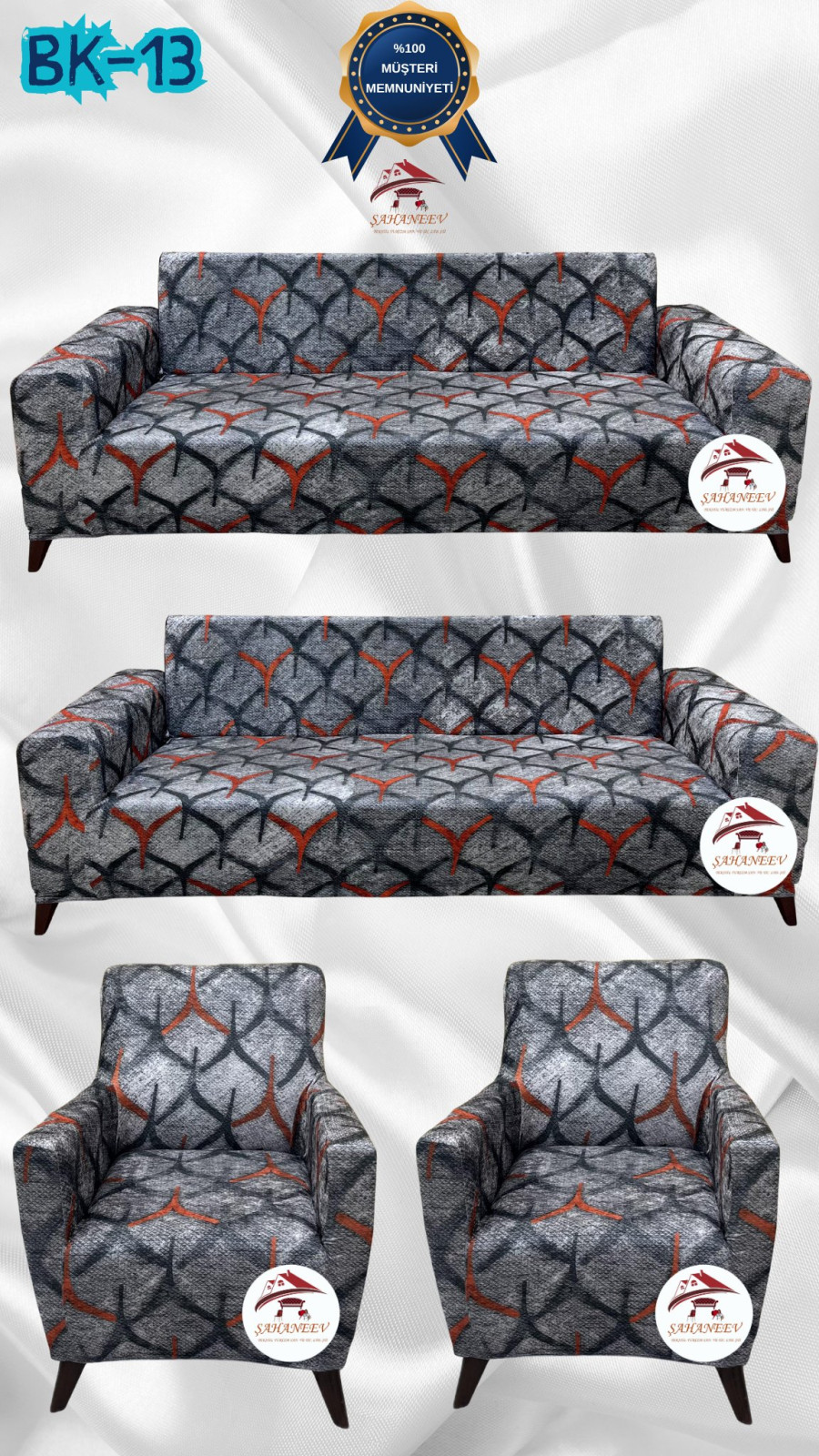 Desenli Baskılı Kadife Giydirme Koltuk Kılıfı - Elastik Esnek Koltuk Takımı Koruyucu Set Model BK-13 Renk 3+3+1+1 (4 Parça Set) Özel Ölçü
