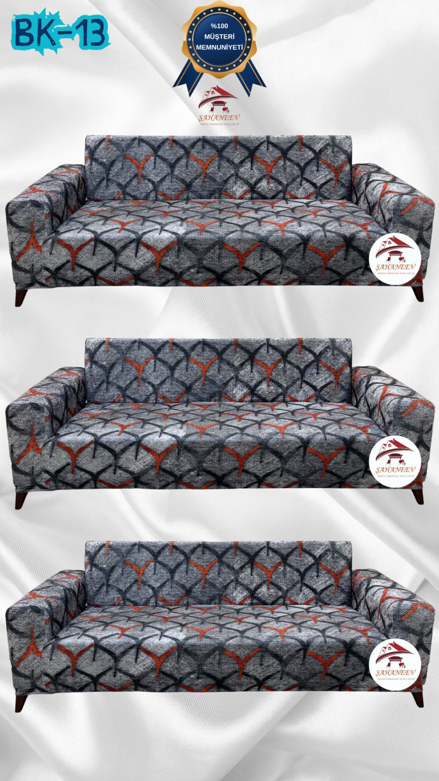 Desenli Baskılı Kadife Giydirme Koltuk Kılıfı - Elastik Esnek Koltuk Takımı Koruyucu Set Model BK-13 Renk 3+3+3 (3 Parça Set)