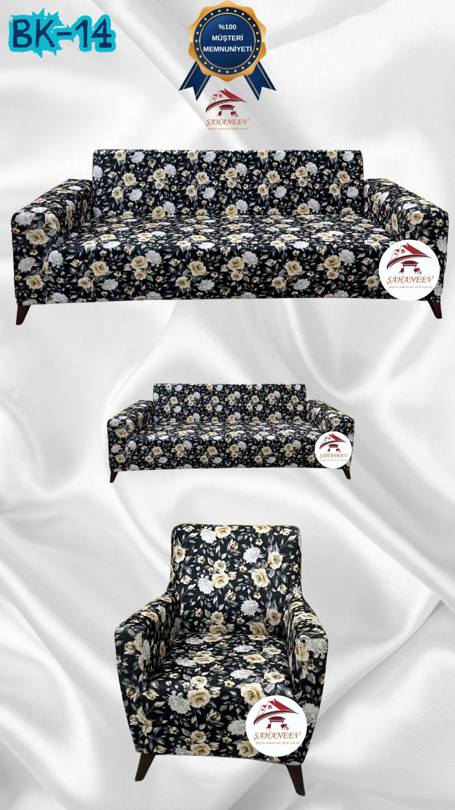 Desenli Baskılı Kadife Giydirme Koltuk Kılıfı - Elastik Esnek Koltuk Takımı Koruyucu Set Model BK-14 Renk 3+2+1 (3 Parça Set) Özel Ölçü