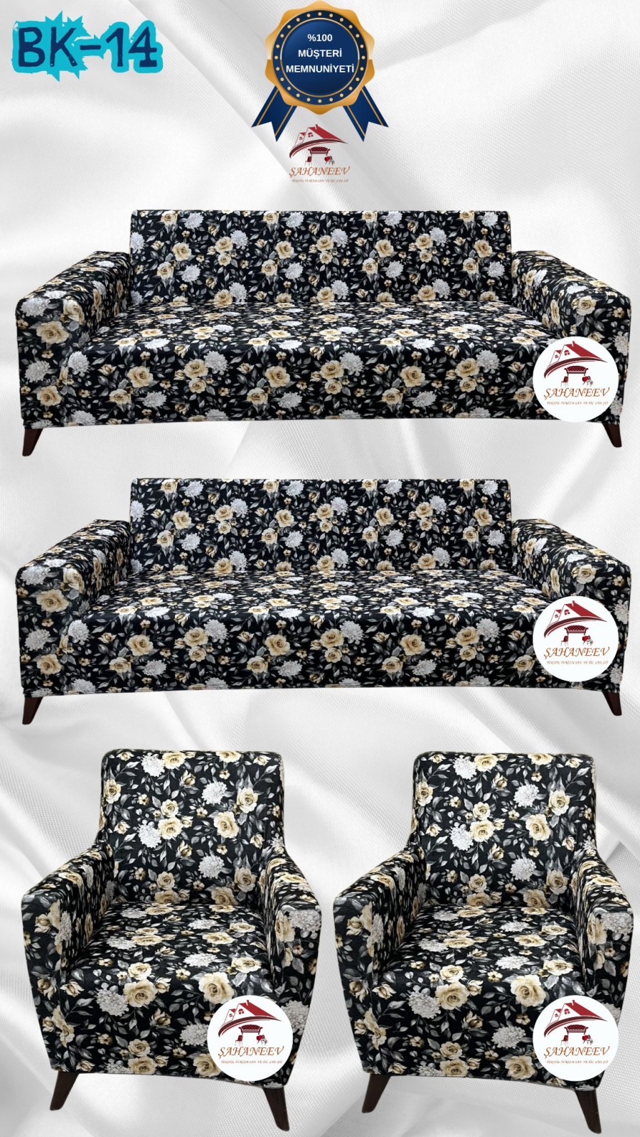 Desenli Baskılı Kadife Giydirme Koltuk Kılıfı - Elastik Esnek Koltuk Takımı Koruyucu Set Model BK-14 Renk 3+3+1+1 (4 Parça Set)