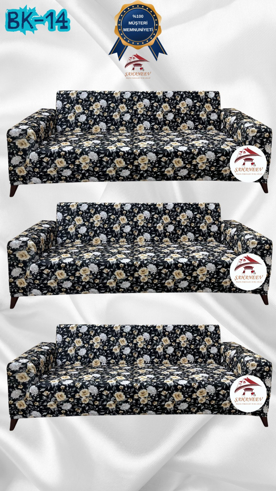 Desenli Baskılı Kadife Giydirme Koltuk Kılıfı - Elastik Esnek Koltuk Takımı Koruyucu Set Model BK-14 Renk 3+3+3 (3 Parça Set)