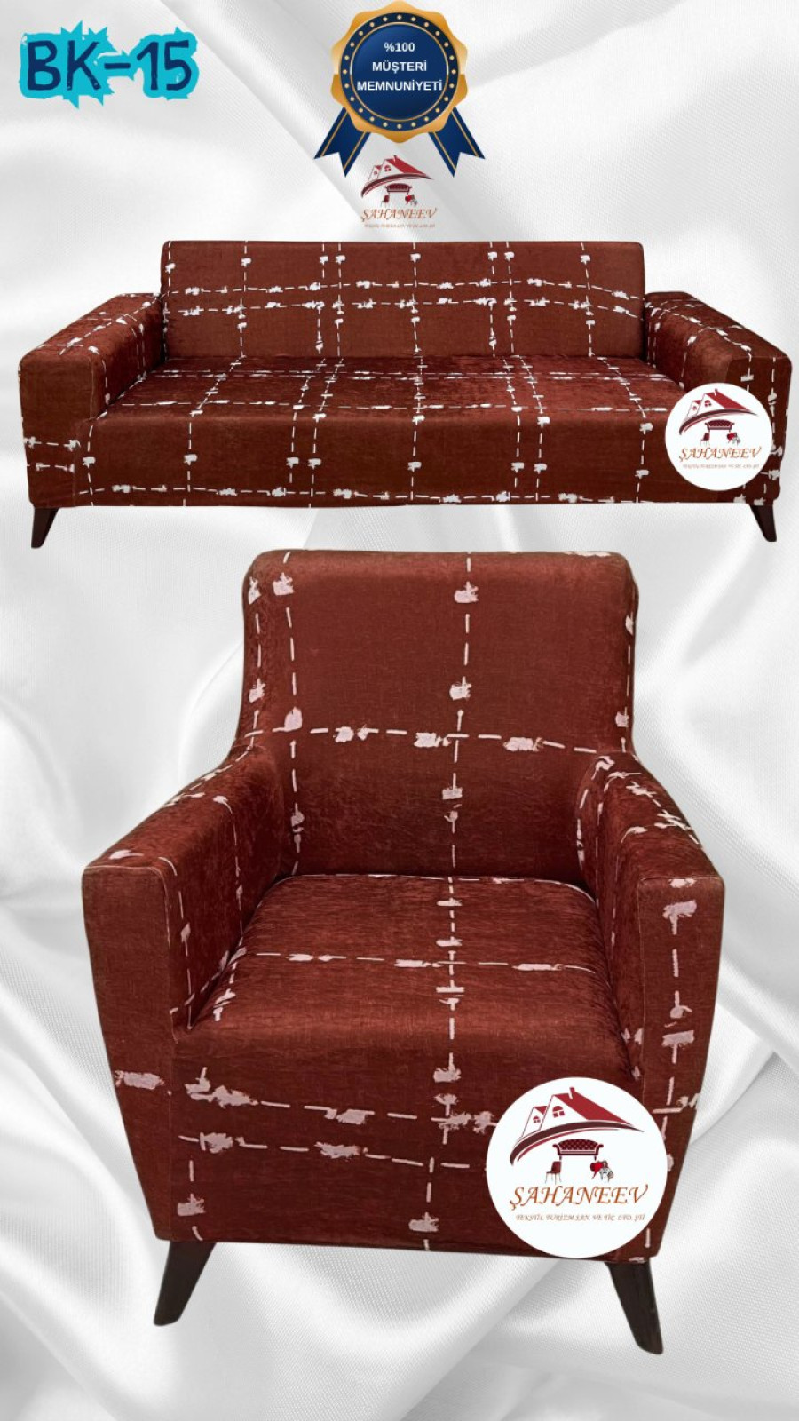 Desenli Baskılı Kadife Giydirme Koltuk Kılıfı - Elastik Esnek Koltuk Takımı Koruyucu Set Model BK-15 Renk 3+1 (2 Parça Set) Özel Ölçü